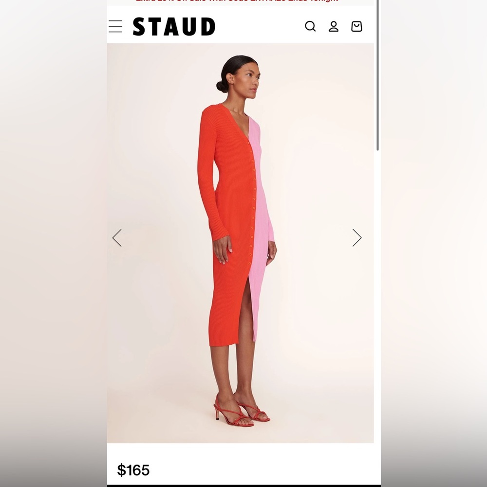 STAUD Two-Tone Midi Dress in Red and Pink